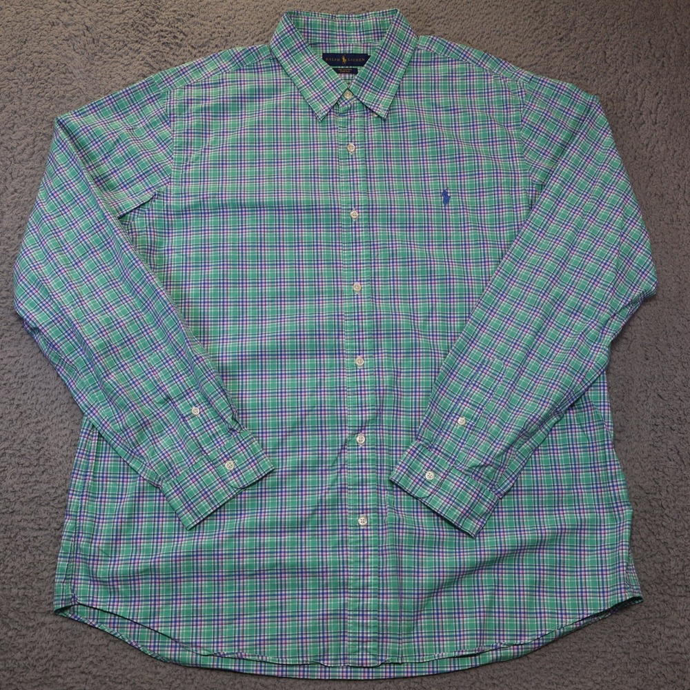 Ralph Lauren Mens XXL Plaid Button Down Shirt Green Blue Pink‎ Cotton Stretch